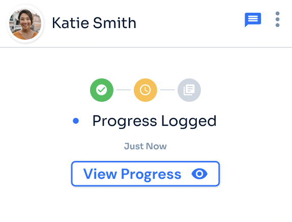 Progress stepper after iteration showing in-progress step highlighted in orange with Offer Accepted completed and Progress Logged status
