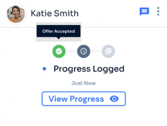 Volunteer progress card showing Offer Accepted stepper state with Progress Logged status and View Progress action