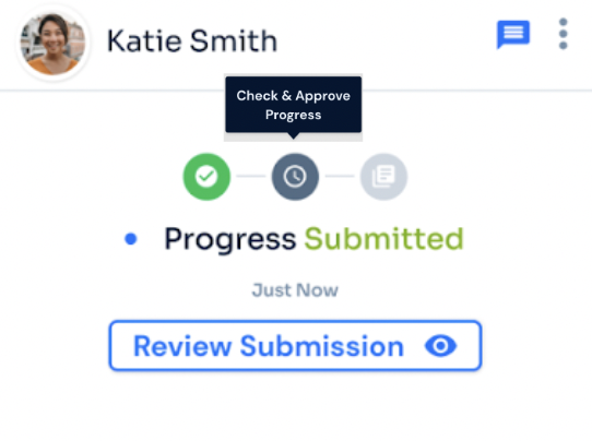 Volunteer progress card showing Check and Approve Progress stepper state with Progress Submitted status and Review Submission action