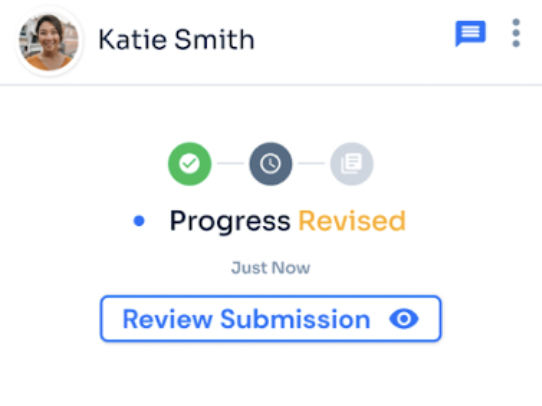 Volunteer progress card showing Progress Revised stepper state with Review Submission action after nonprofit sent progress back for changes