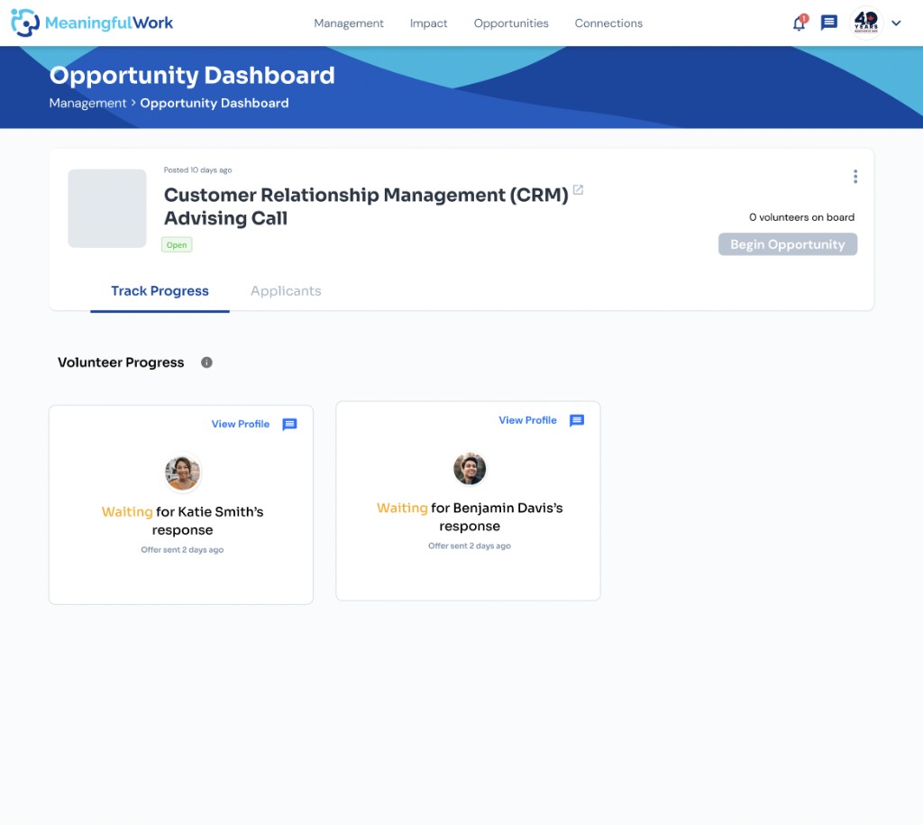 Meaningful Work Opportunity Dashboard Track Progress tab showing volunteers waiting to respond to offers