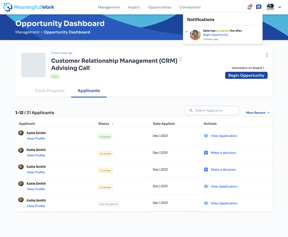 Opportunity Dashboard with Begin Opportunity button to start the project and trigger mass reject for remaining applicants