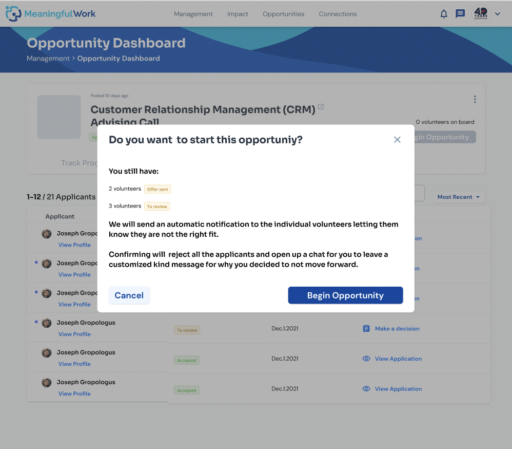 Confirmation modal showing count of unreviewed and pending volunteers before mass rejecting applicants on Begin Opportunity