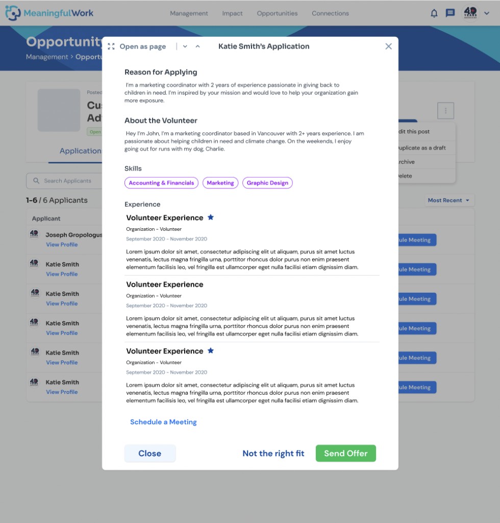 Katie Smith's Application modal on the Opportunity Dashboard with Not the right fit link to reject an applicant