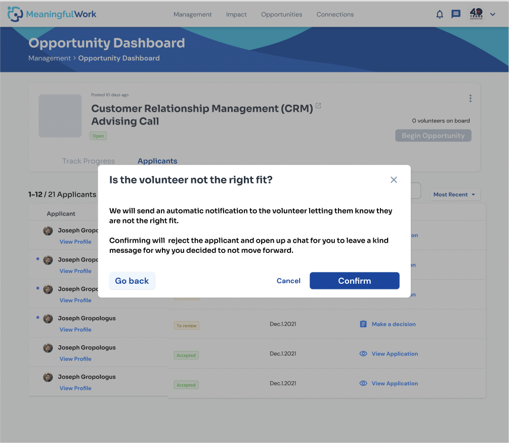 Confirmation modal asking Is the volunteer not the right fit before rejecting an applicant on the Opportunity Dashboard