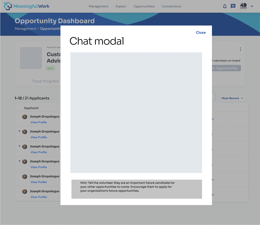 Chat modal for nonprofit to send an optional kind rejection message to a volunteer before the rejection is sent