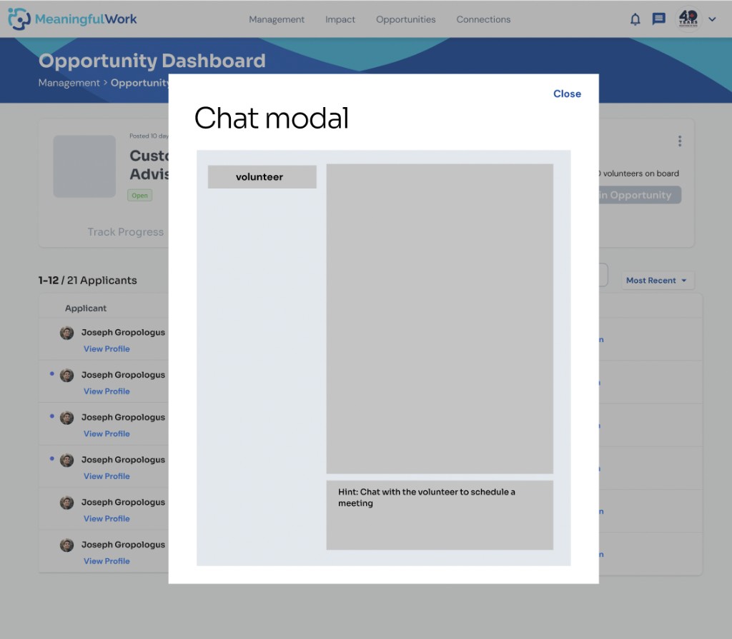 Chat modal for nonprofit to message an applicant and schedule a meeting time