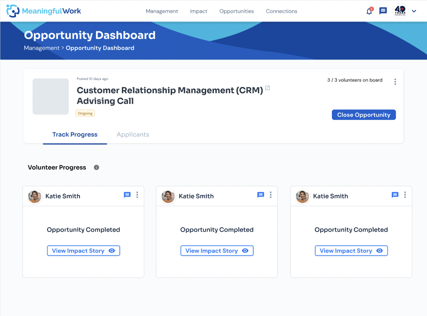 Meaningful Work Track Progress tab showing Opportunity Completed status with View Impact Story action and Close Opportunity button