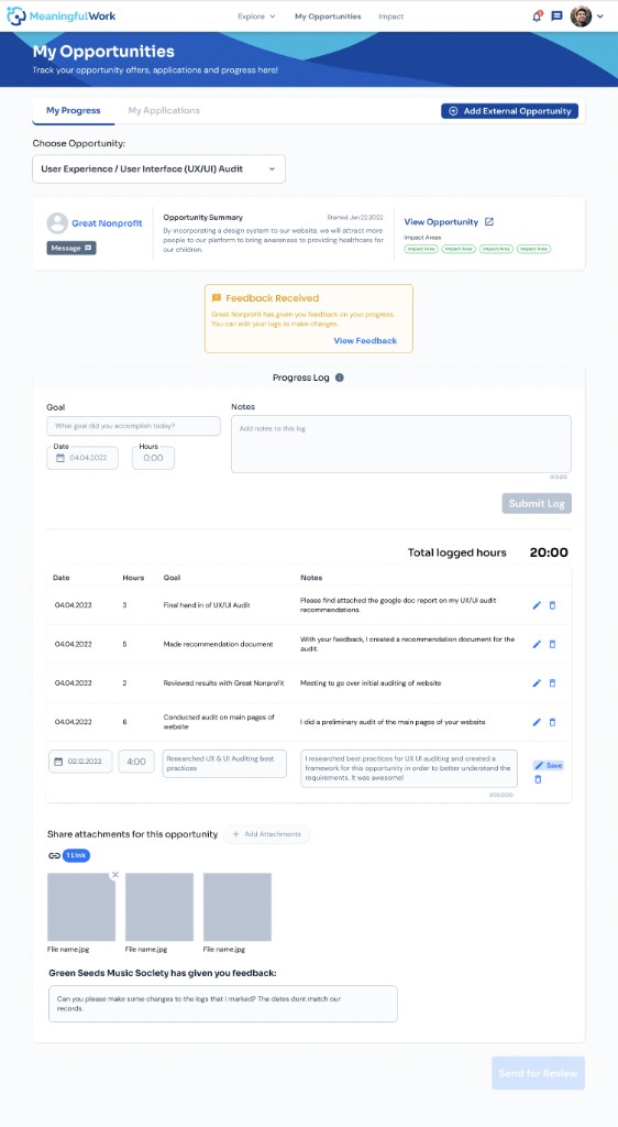 My Opportunities My Progress tab showing volunteer progress logging, nonprofit feedback, attachments, and send for review