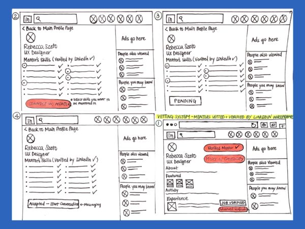 2. Vetting System Low-Fidelity Wireframes: Shows the process of selecting skills the user wants to be mentored on by the mentor and submitting a connection request to the mentor.