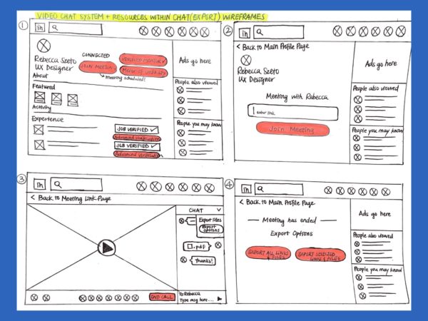 4. Video Chat System Low-Fidelity Wireframes: Shows the process of joining a scheduled meeting with a mentor on the day of.
